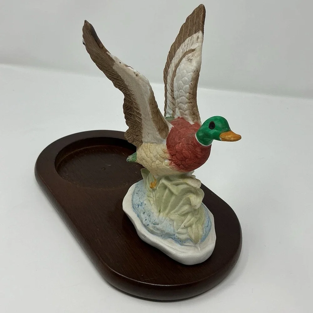 Vintage Mallard Duck Ceramic Figurine Wood Base Ashtray Holder Cabin Decor